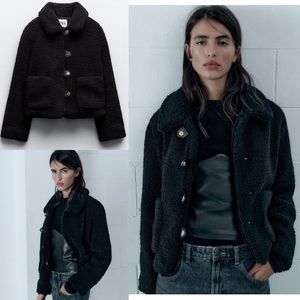 Zara fleece jacket faux Sherpa shearling teddy coat black small 8741/223